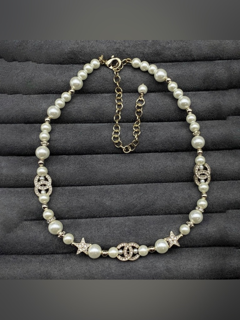 Pearl and Gold CC Logo Star Necklace